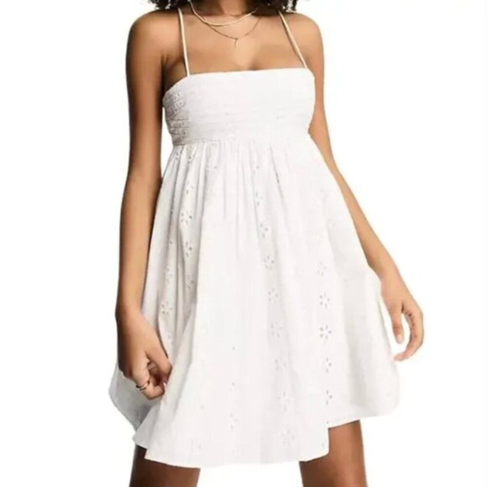 ASOS Design Broderie Cotton Pleat Bust Babydoll Dress in White, Size 14